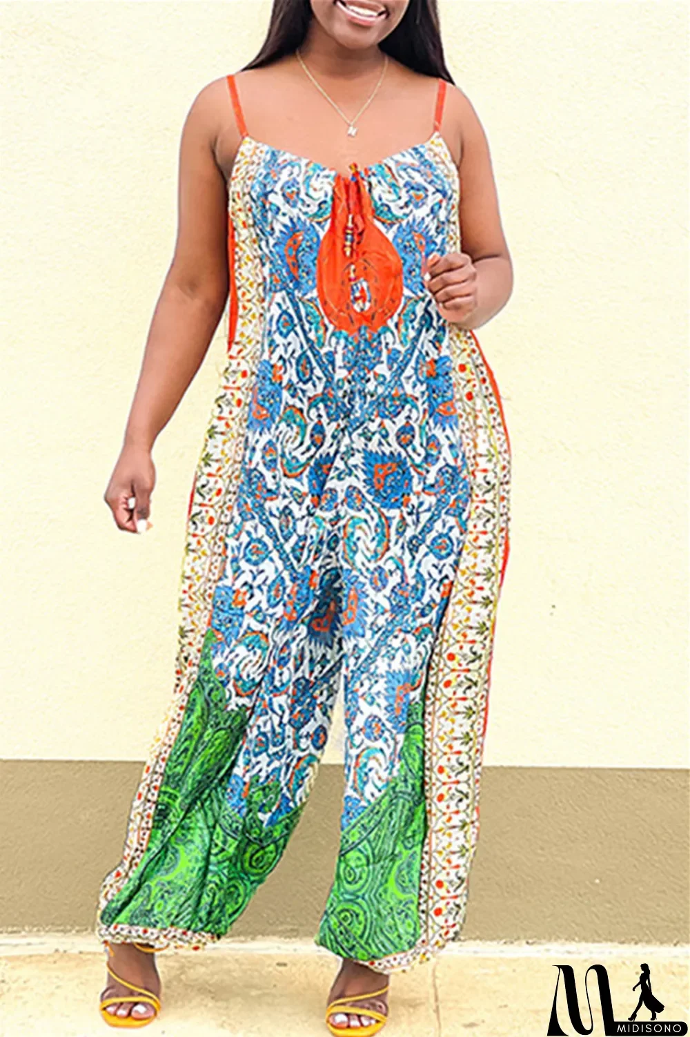 MidiSono - Light Blue Fashion Casual Print Backless Spaghetti Strap Plus Size Jumpsuits