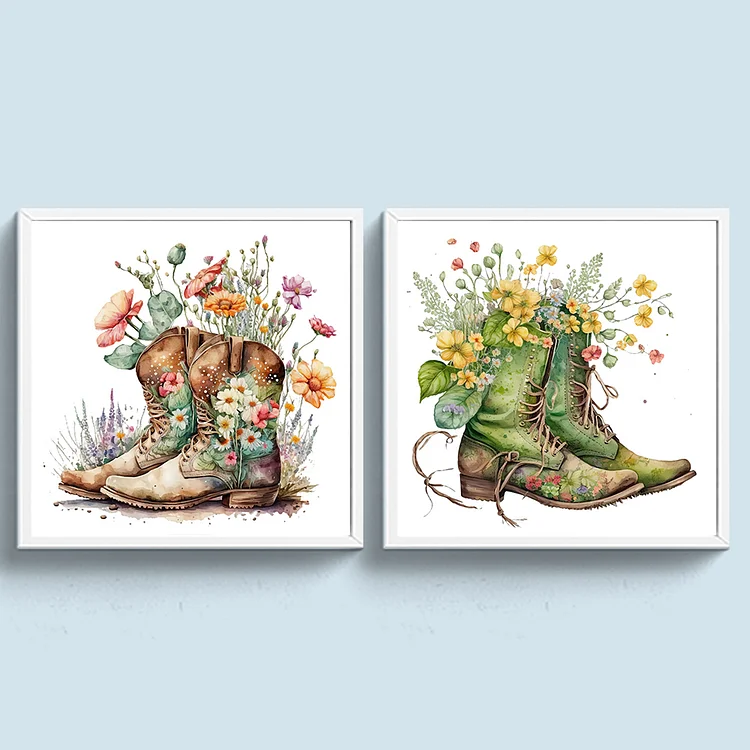 18CT Full Stamped Cross Stitch Kit - Flowers in Boots (30*30CM