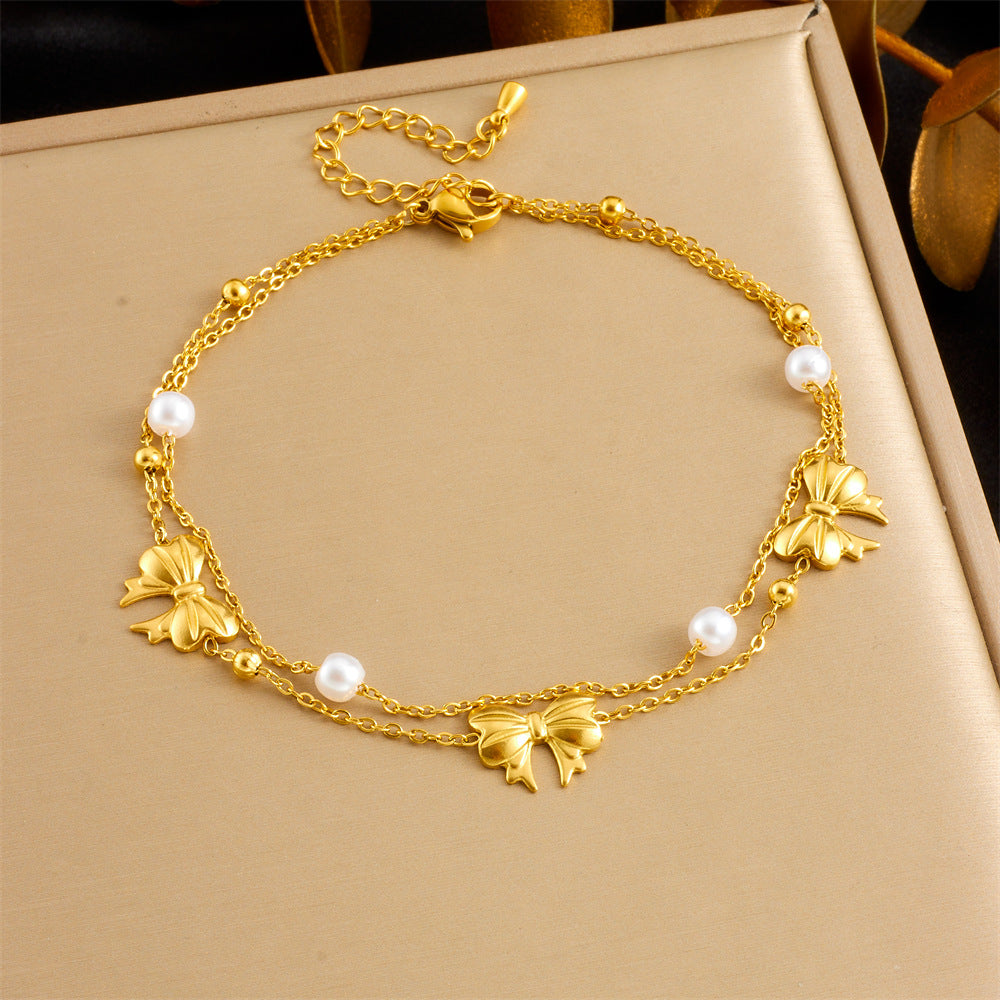 Fashionable And Simple Colorful Fine Glitter Shell Butterfly Double Layered Beach Style Stainless Steel Chain Pearl Starfish Anklet
