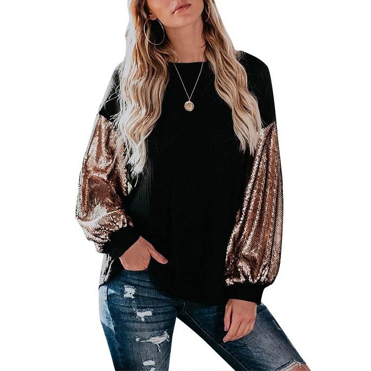 Sale Long Sleeve Ladies Top And Shirt Sequins Knitted Female Blouses Fashion Patchwork Women Blouses Tee Shirt Fall Spring D30 - BlackFridayBuys