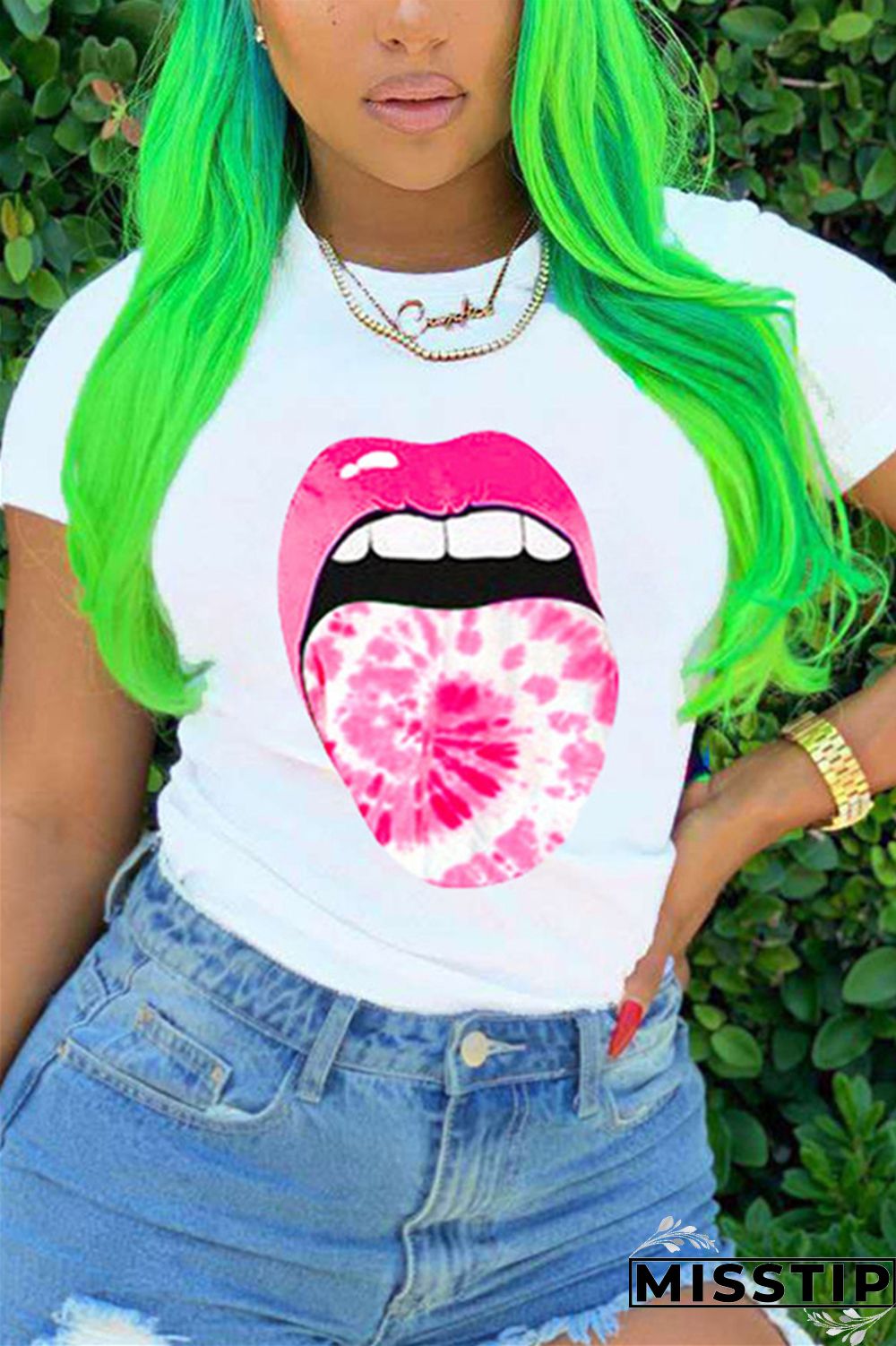 Green Fashion Lips Print Short Sleeve T-shirt