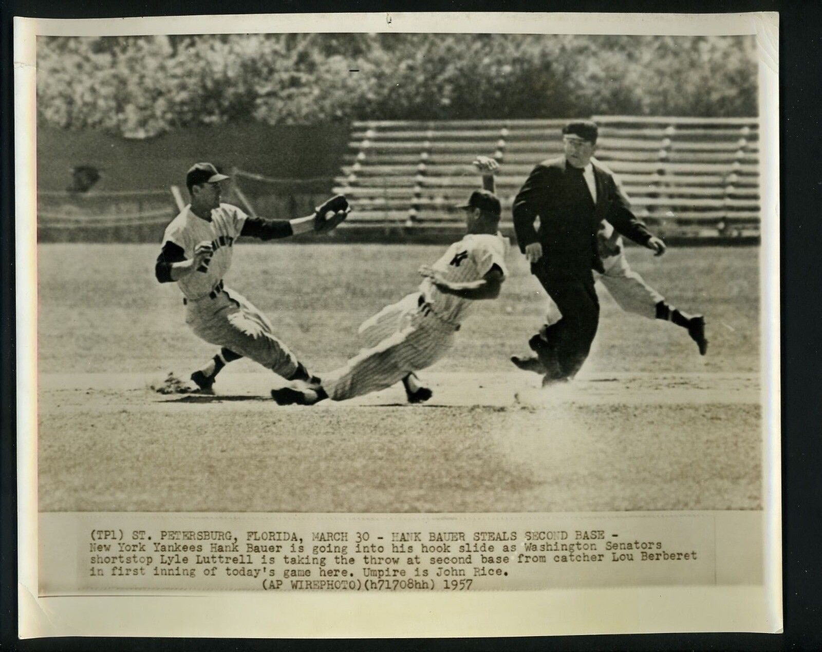 Hank Bauer Lyle Luttrell John Rice 1957 Press Photo Poster painting New York Yankees Senators