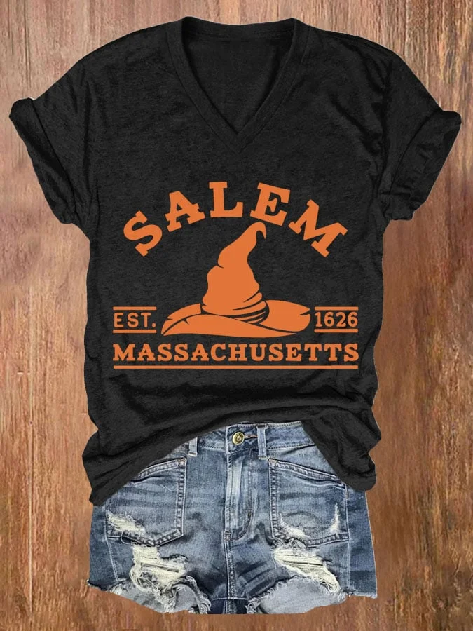 Women's Salem Massachusetts Print Casual V Neck T-shirt