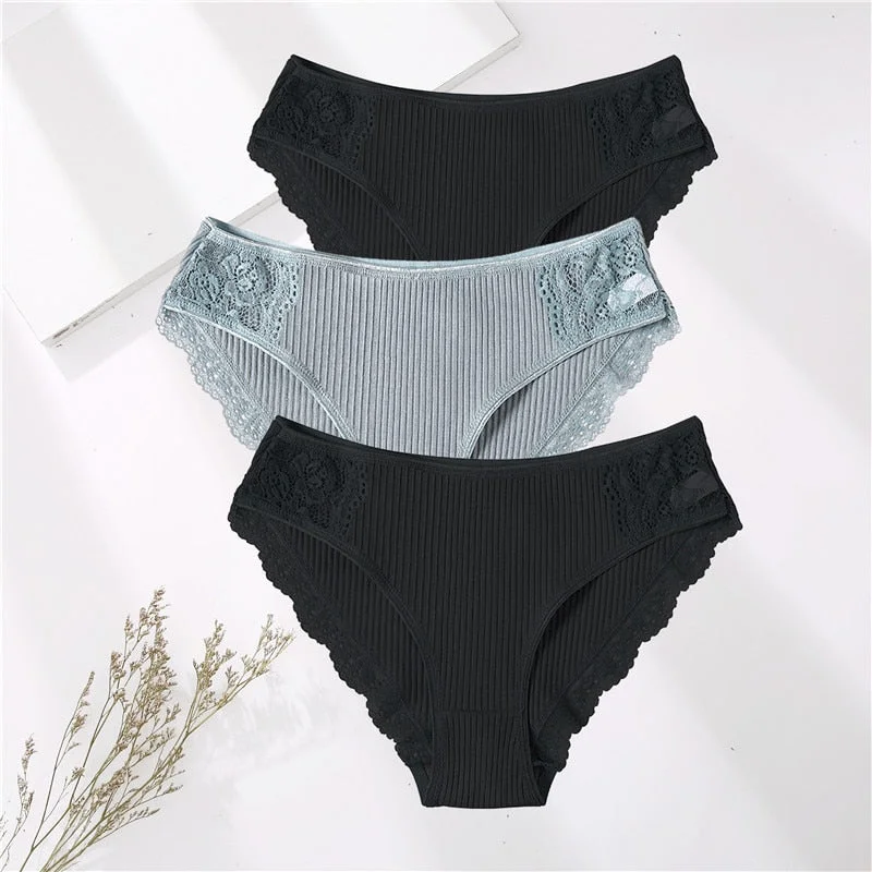 FINETOO 3PCS/Set M-XXL Cotton Underwear Women's Panties Comfort Underpants Floral Lace Briefs For Woman Sexy Low-Rise Intimates