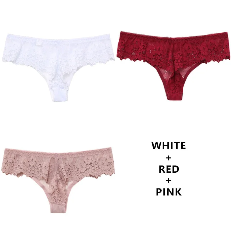Meet'r 3Pcs/Lot Women Sexy Lace Lingerie Temptation Low-Waist Panties Embroidery Underwear Female Thong Transparent G String