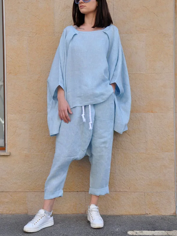 Loose cotton and linen batwing sleeves women's sets