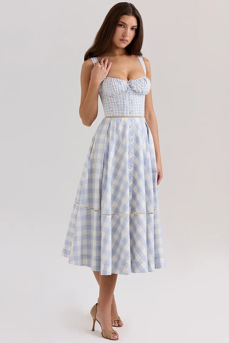 Plaid Print Buttons Decor Back Lace Up Slip Midi Dresses-Blue [Pre Order]