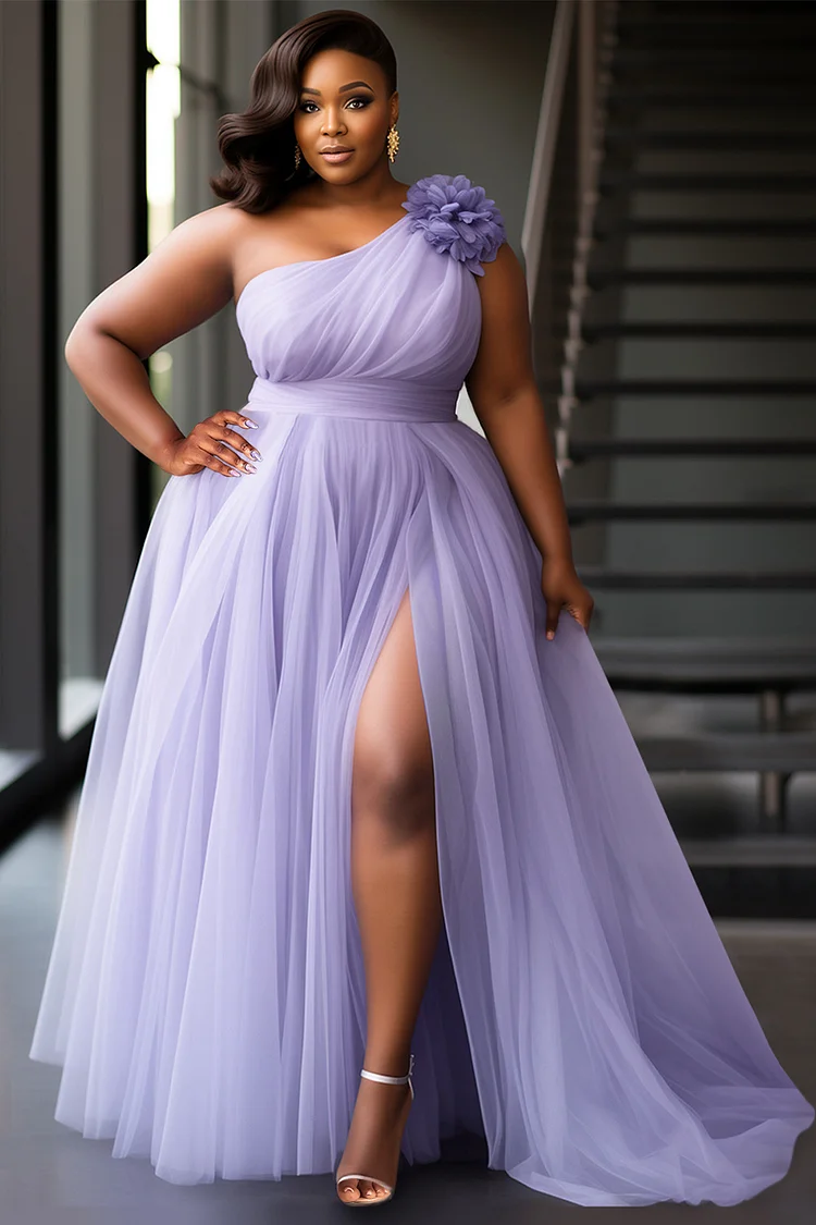Xpluswear Design Plus Size Prom Purple Elegant Oblique Collar 3D Split Tulle Maxi Dresses [Pre-Order]