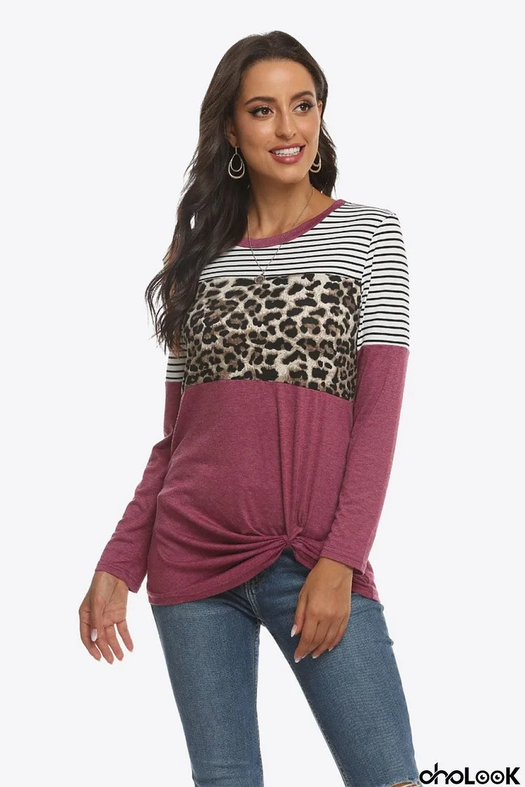 Mixed Print Gathered Detail Long Sleeve Top