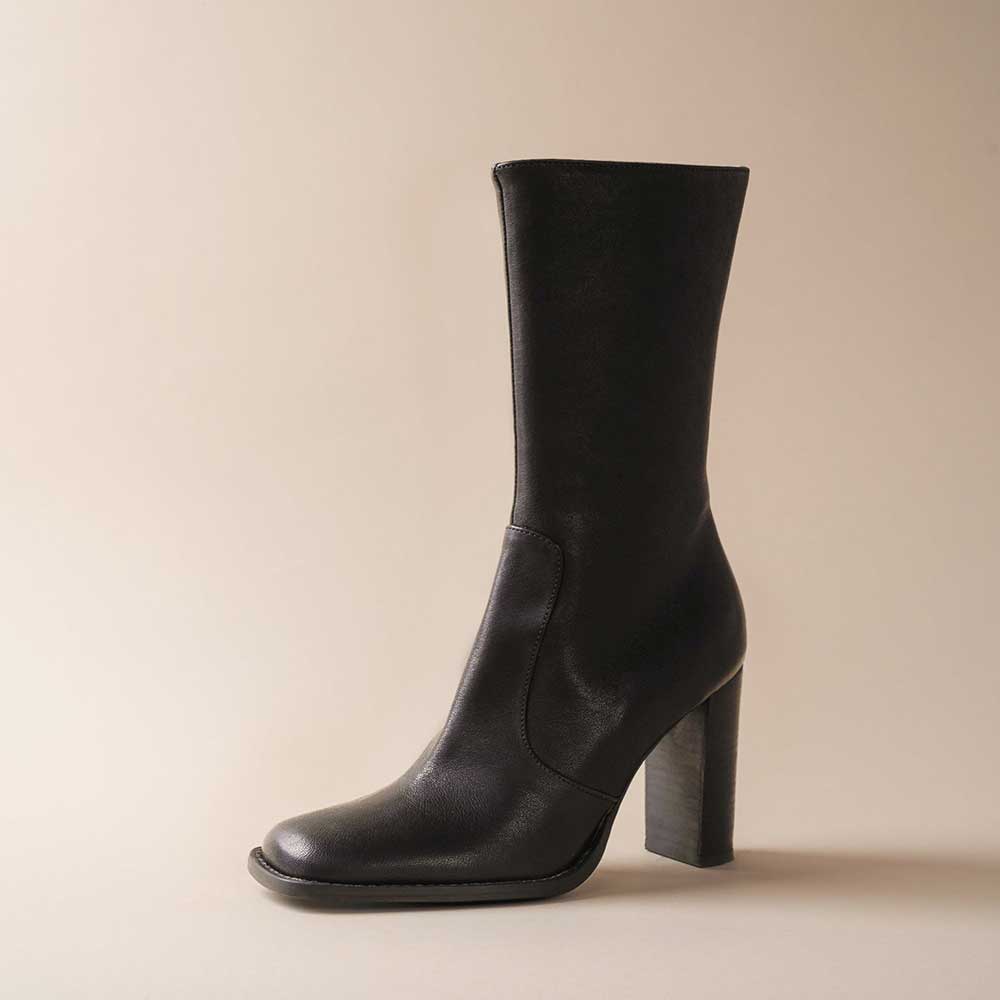 Black Vegan Leather Square Toe Chunky Heel Pull-On Mid Calf Boots Nicepairs