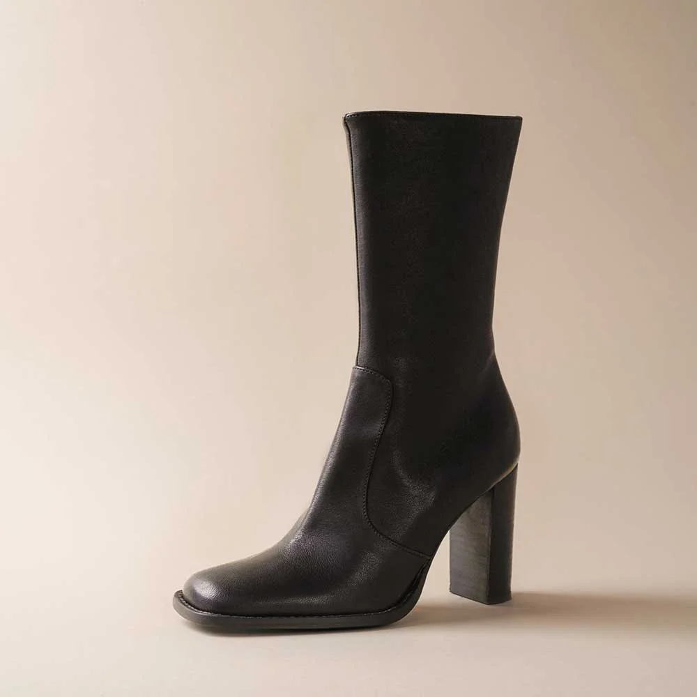 Black Sophisticated Square Toe Mid-Calf Chunky Heel Boots for Women Nicepairs