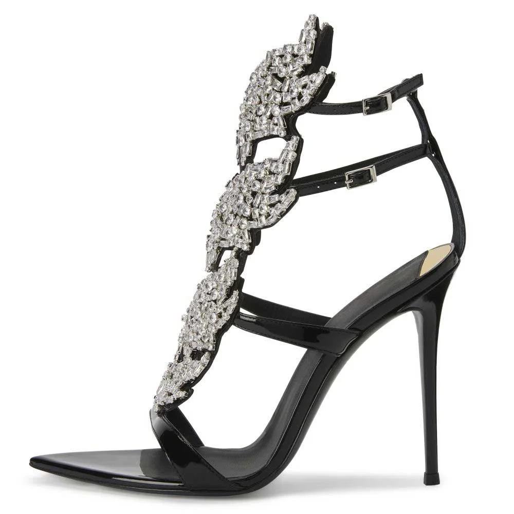 HIGH SANDAL WITH PEARL CHAIN BLACK LAMBSKIN WITH RHINESTONES