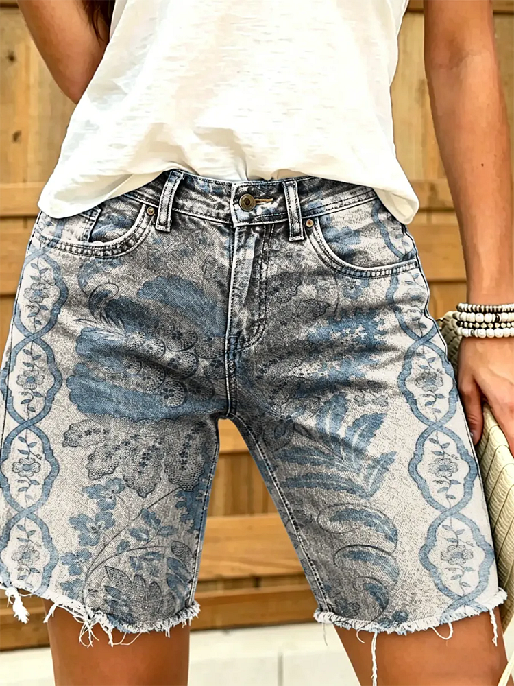 Women's Vintage Floral Print Denim Shorts