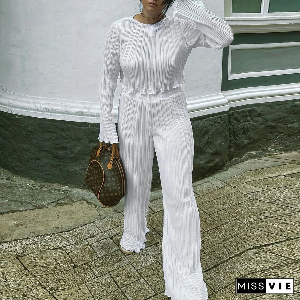 Pleated Loose Blouse Crop Top Wide Leg Pants Outfits