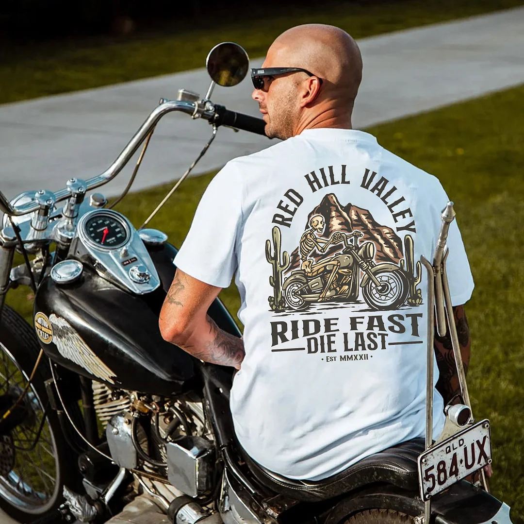 RIDE FAST DIE LAST Skull Riding Motor White Print T-Shirt