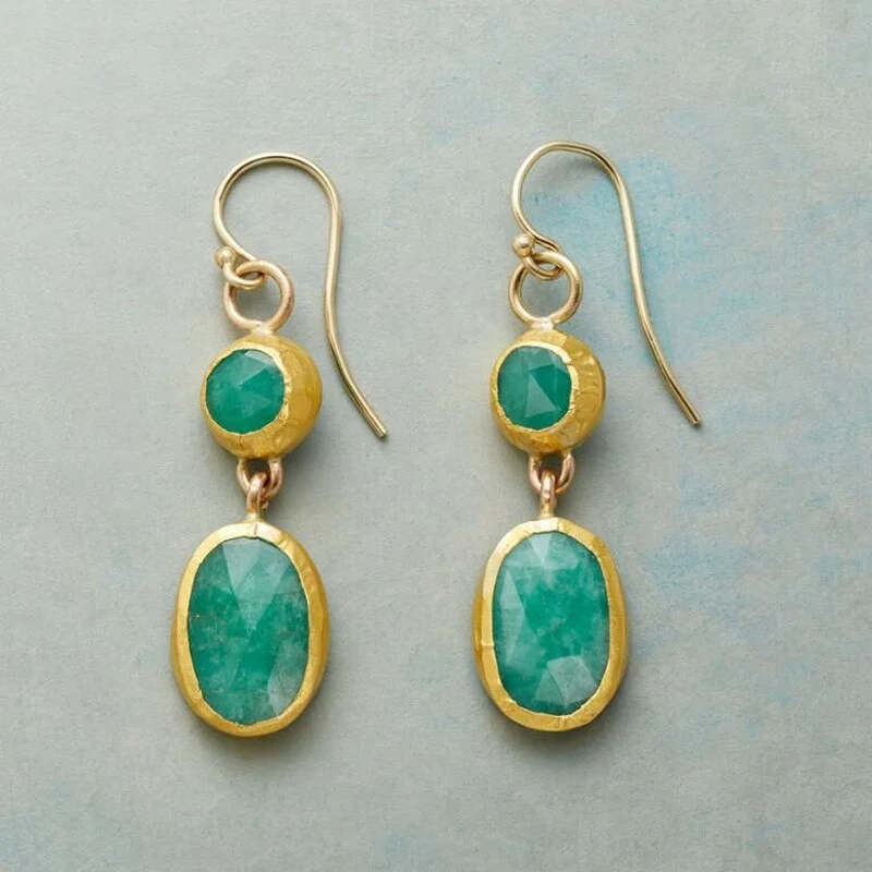 Women Green Stone Hook Dangle Earrings Elegant Gold Color Drop Earrings Ladies Accessories Exquisite Wedding Jewelry Gifts