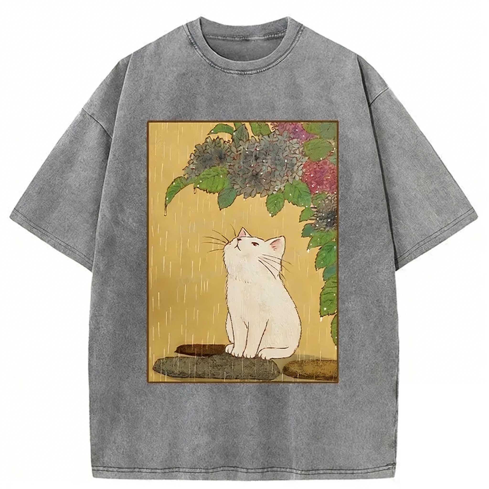 Cat Enjoying Flowers Washed T-shirt elevenforest