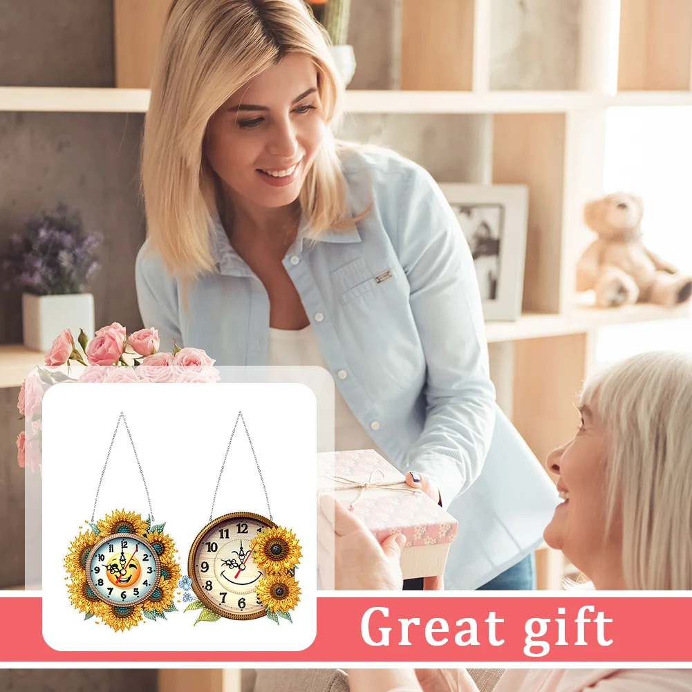 2Pcs Sunflower DIY Diamond Painting Ornament with Clock Function Home Decor Art
