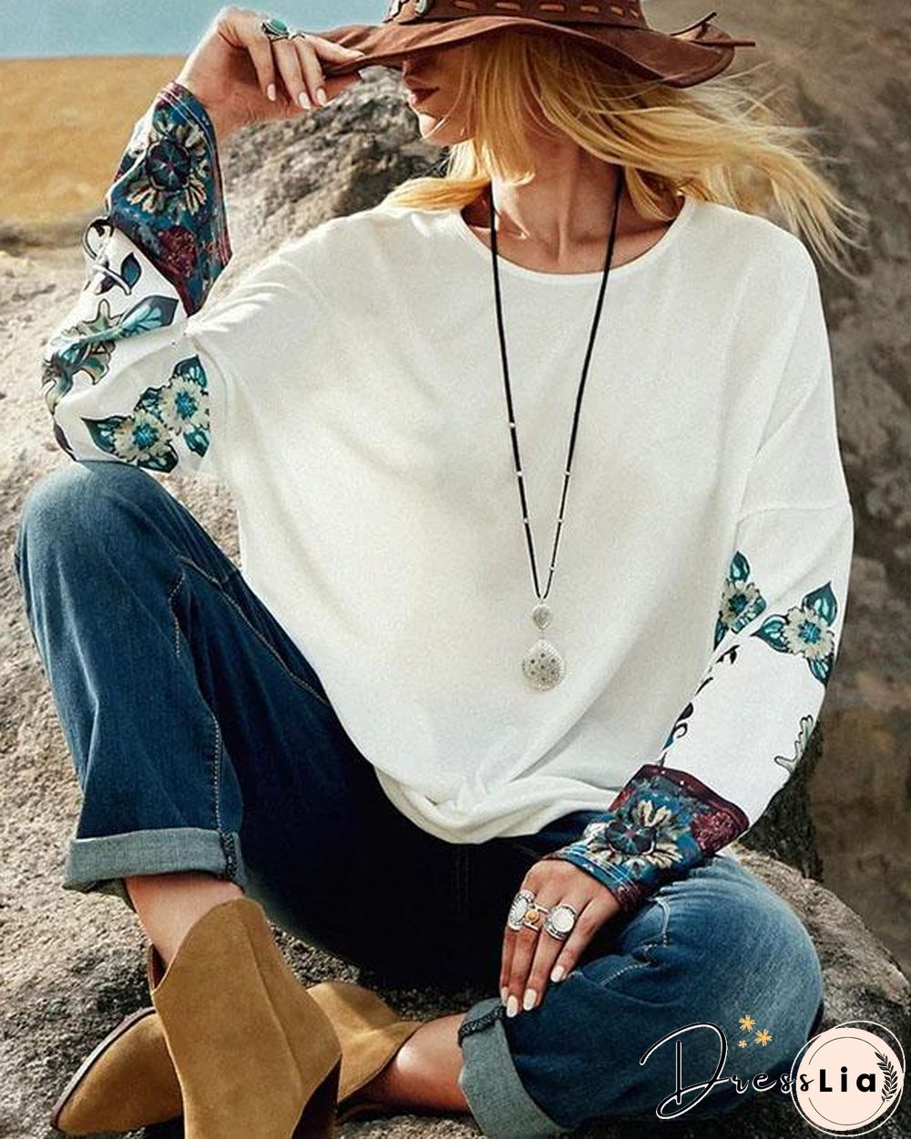 Print Crew Neck Shift Women Long Sleeve T-shirt