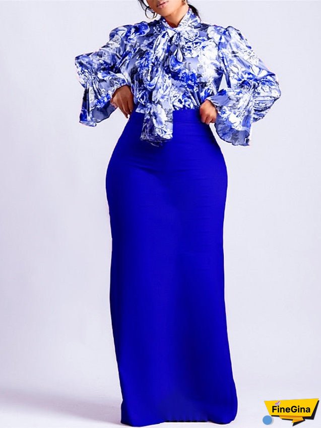 Work Dress Two Piece Dress Sheath Dress Long Dress Maxi Dress Pink Blue Fuchsia Long Sleeve Floral Lace up Winter Fall Spring Stand Collar Fashion S M L XL 2XL 3XL for Women