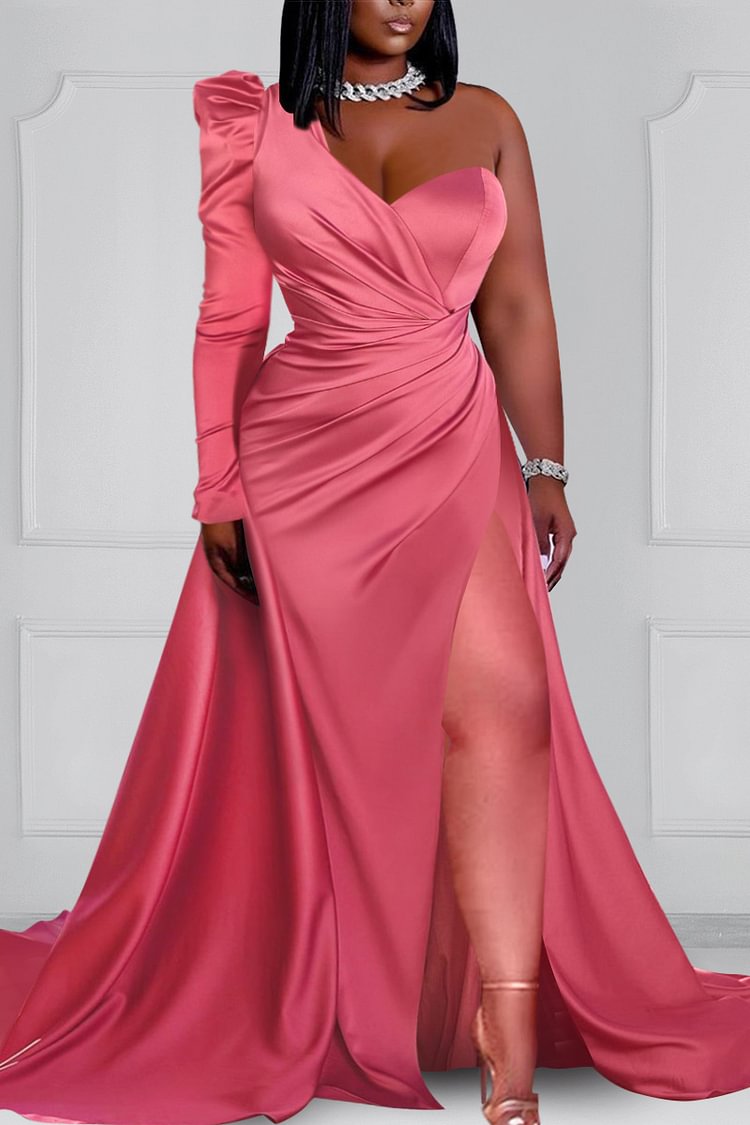 Xpluswear Plus Size Satin One Shoulder Split Pink Formal Maxi Dresses 