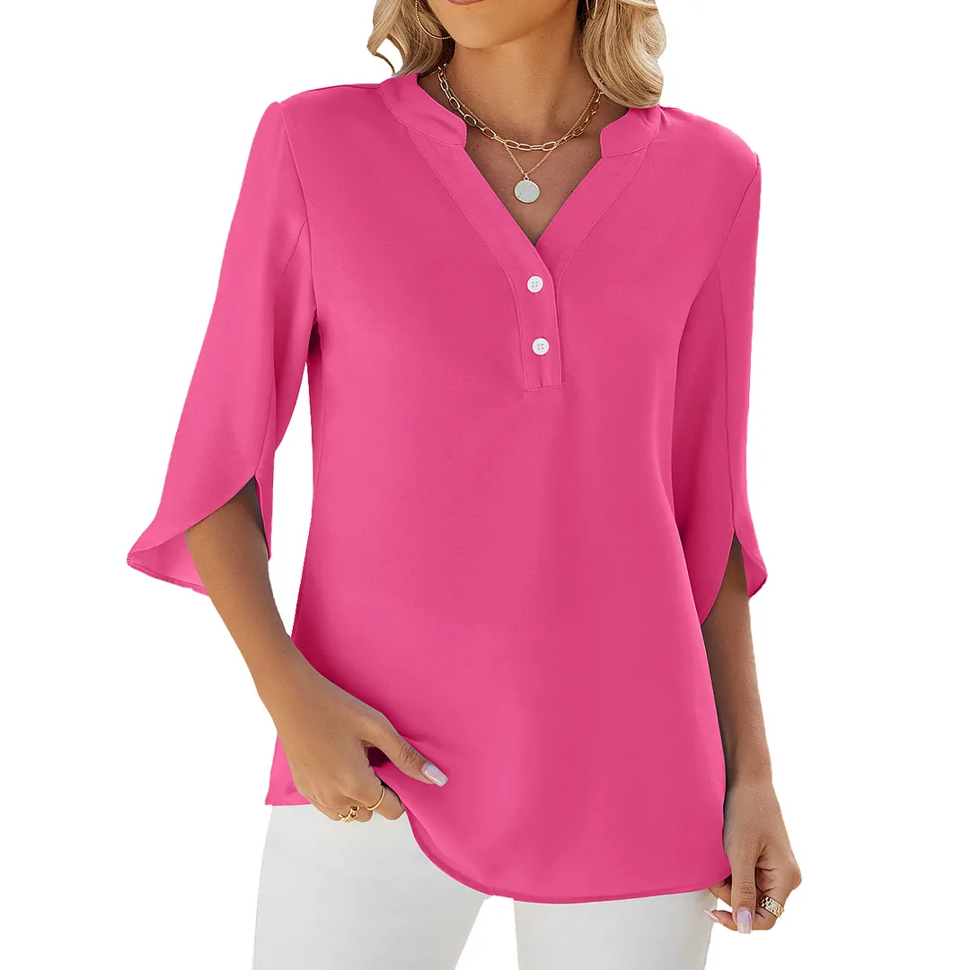Churchf Churchf / Summer 2024 New V-Neck Button Middle Sleeve Solid Color Casual T-Shirt Chiffon