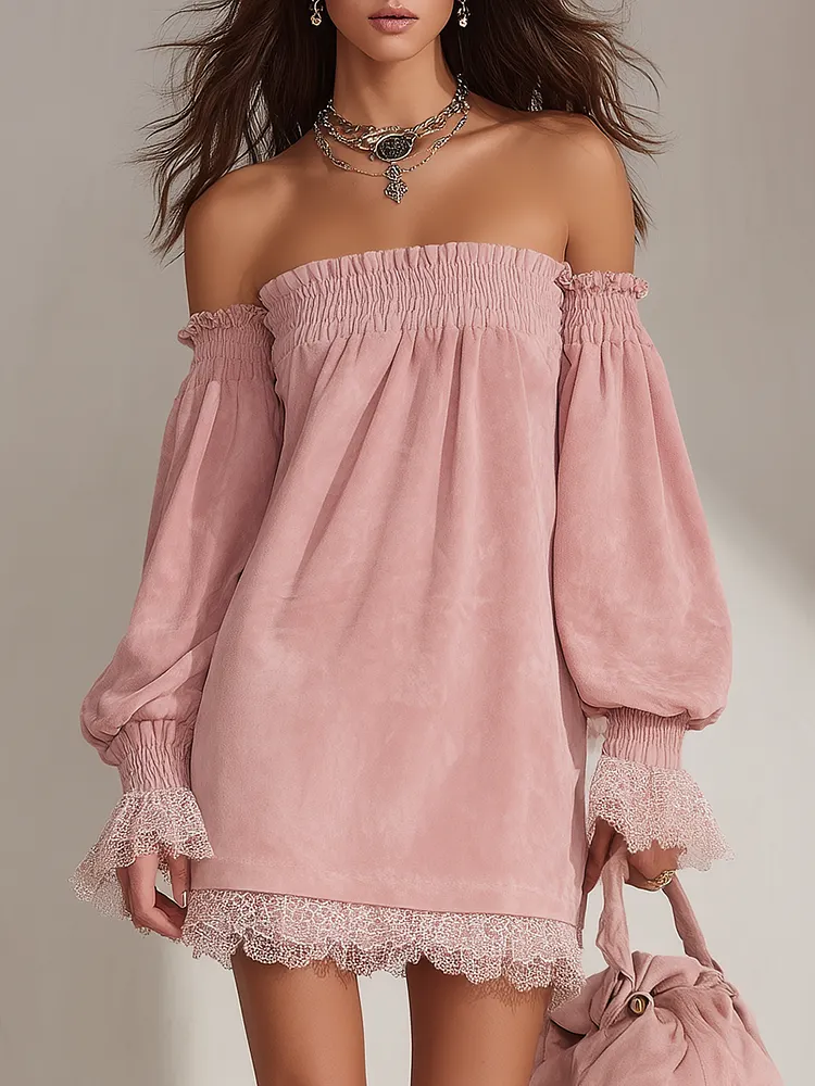 Retro-chic Off-shoulder Lace Trim Faux Suede Mini Dress