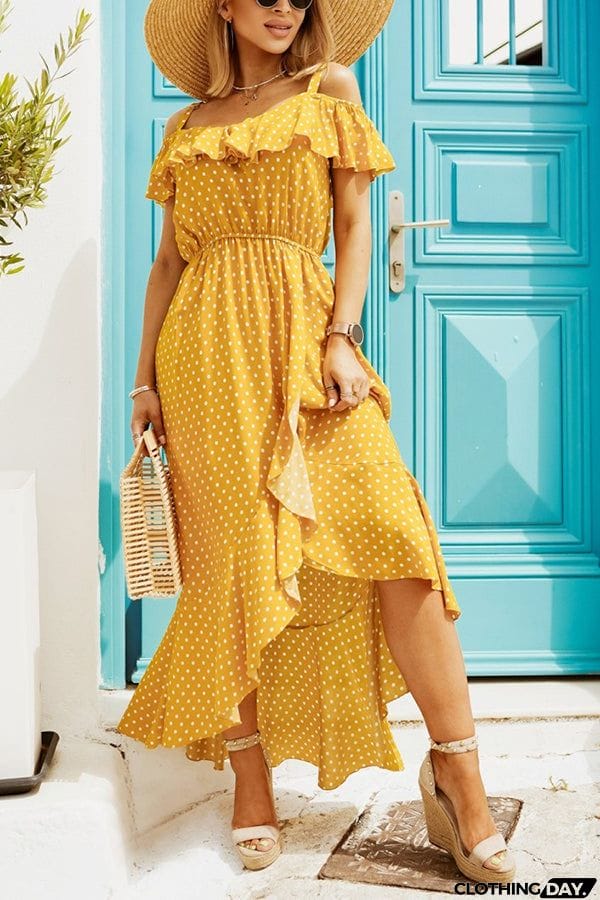 Dot Ruffles Off Shoulder Irregularity Maxi Dress