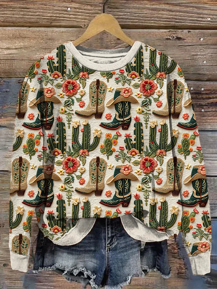 Western Boots And Floral Embroidery Pattern Cozy Sweatshirt