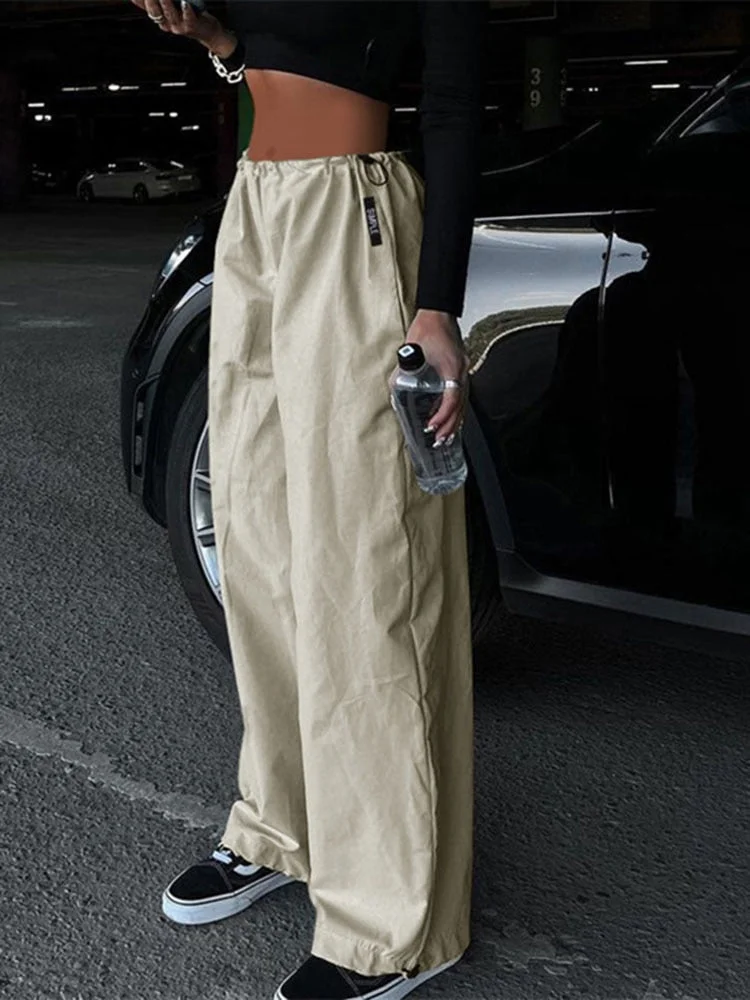 Solid Color Drawstring Waist Straight Baggy Pants 