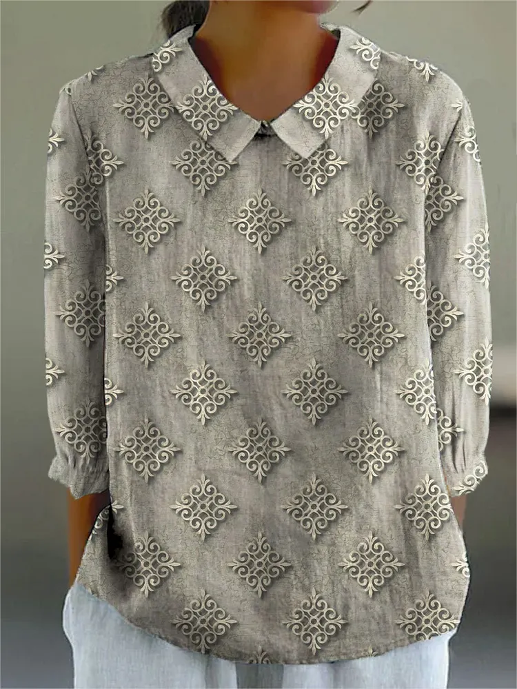 Women's Retro Pattern Art Print Casual Cotton And Linen 3/4 Sleeve Shirt
