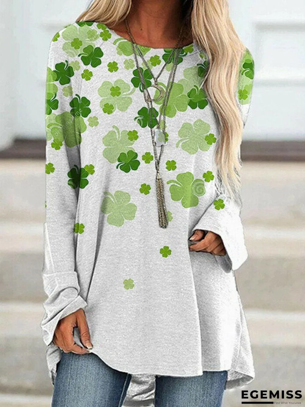 Crew Neck Clover Print Casual Long Sleeve T-shirt | EGEMISS