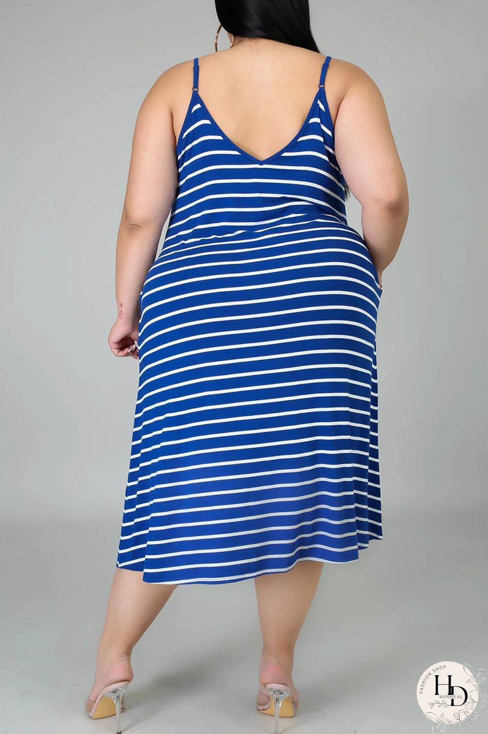 Deep Blue Sexy Casual Plus Size Striped Print Backless Spaghetti Strap Sleeveless Dress