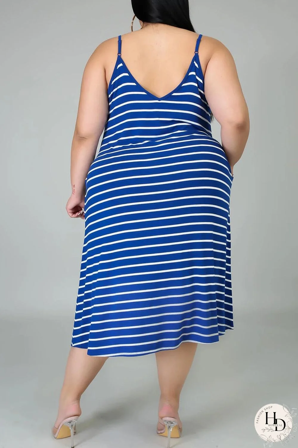 Deep Blue Sexy Casual Plus Size Striped Print Backless Spaghetti Strap Sleeveless Dress