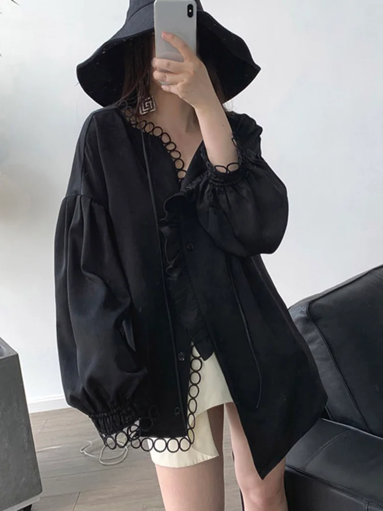 Temperament Asymmetrical V-collar Ruffles Lapel Lace-up Long Sleeve Shirt 