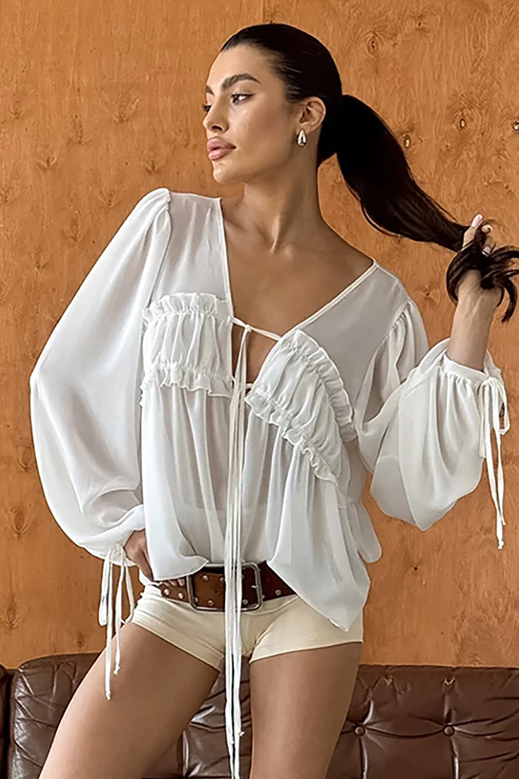 Tie Up V Neck Lantern Sleeve Frilled Chiffon Sheer Blouse-White