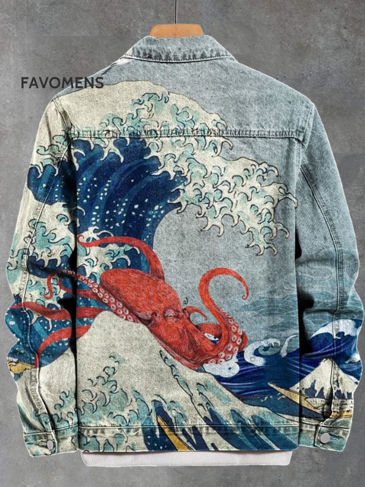 Vintage Japanese Art Ukiyoe Wave And Octopus Pattern Print Casual Denim Jacket Multicolor / S