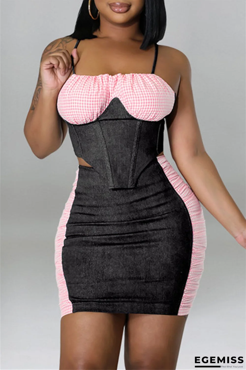 Black Fashion Sexy Plaid Patchwork Backless Asymmetrical Spaghetti Strap Sleeveless Two Pieces | EGEMISS
