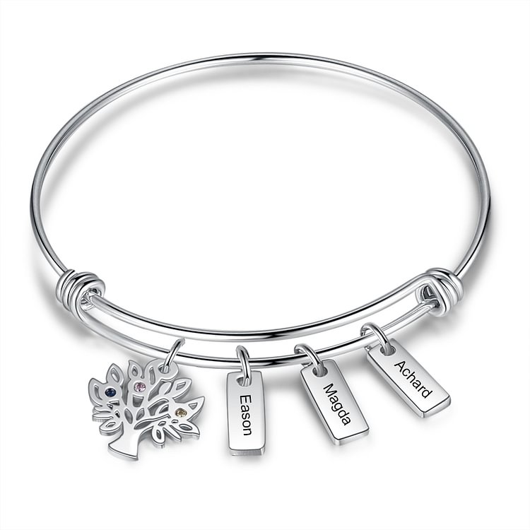 Personalized Tree of Life Bangle Bracelet with 3 Names and 3 Birthstones
