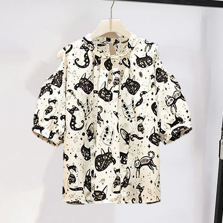 Kitty Print Cold Shouder Chiffon Shirt Casual Denim Shorts - Modakawa modakawa