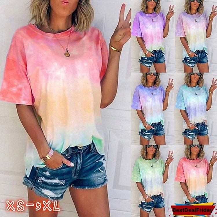 Women's Fashion Loose Casual Round Neck Tie Dye Gradient Short Sleeves Summer T-Shirts Tops Blouses Plus Size XS-5XL