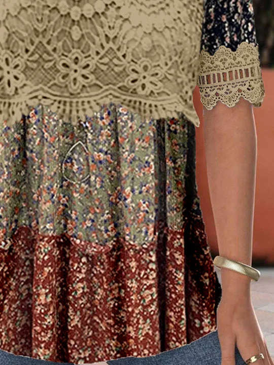 Women's Short Sleeve V-neck Lace Graphic Top