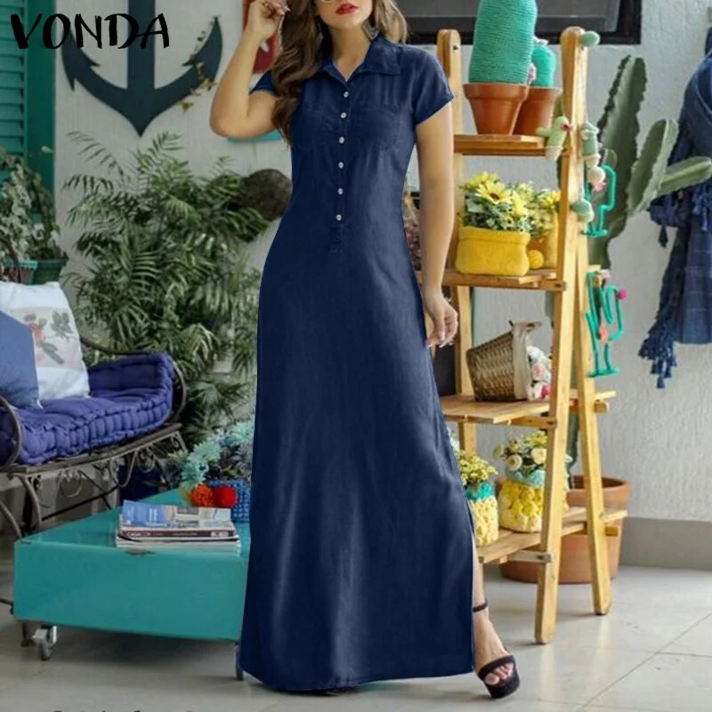 VONDA Summer Elegant Denim Dress 2022 Short Sleeve Lapel Button Down Pure Shirt Dresses Fashion Party Vestido Loose Solid Robe