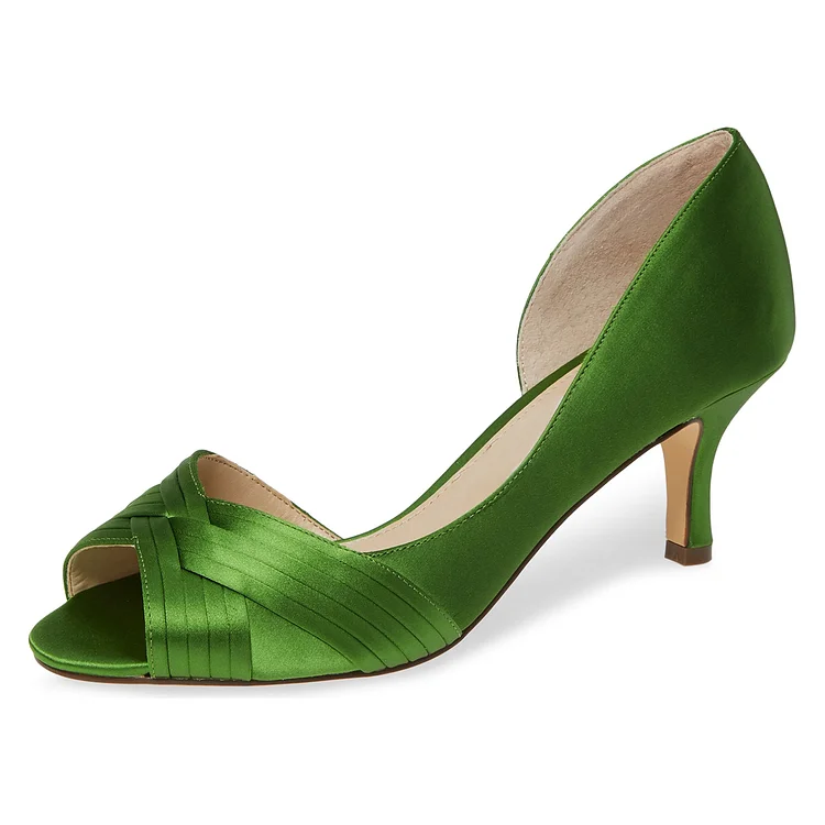 Green Satin Peep Toe Kitten Heels D'orsay Pumps |FSJ Shoes