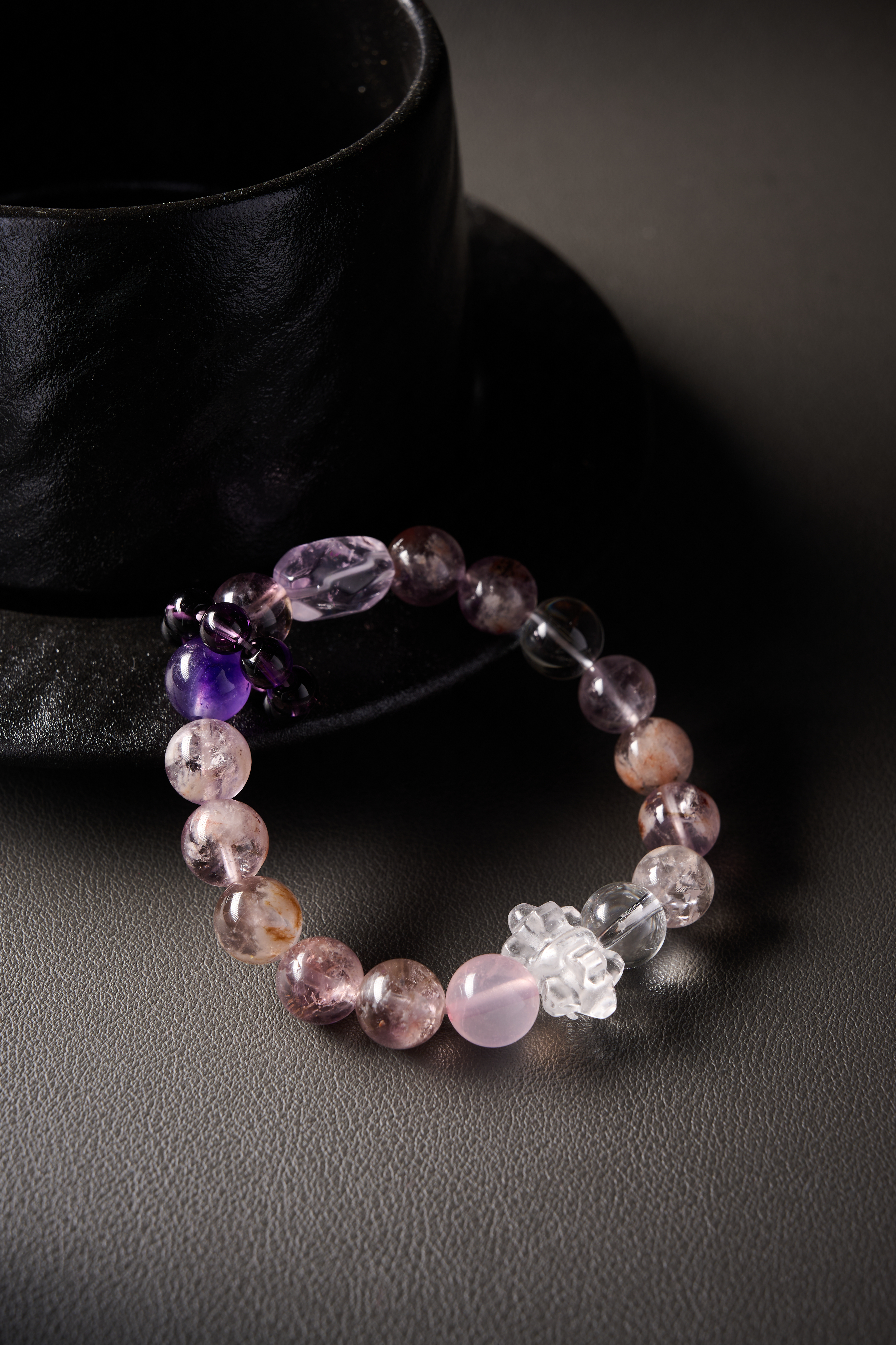 Angle view – full bracelet circle on elastic cord, evenly matched gemstones, handmade crystal jewelry.