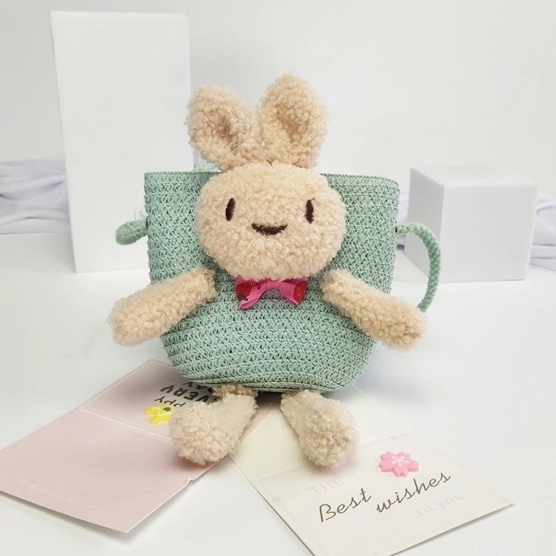 Kid’s Straw Animal Bear Cute Square Zipper Crossbody Bag Straw Bag Coin Purse