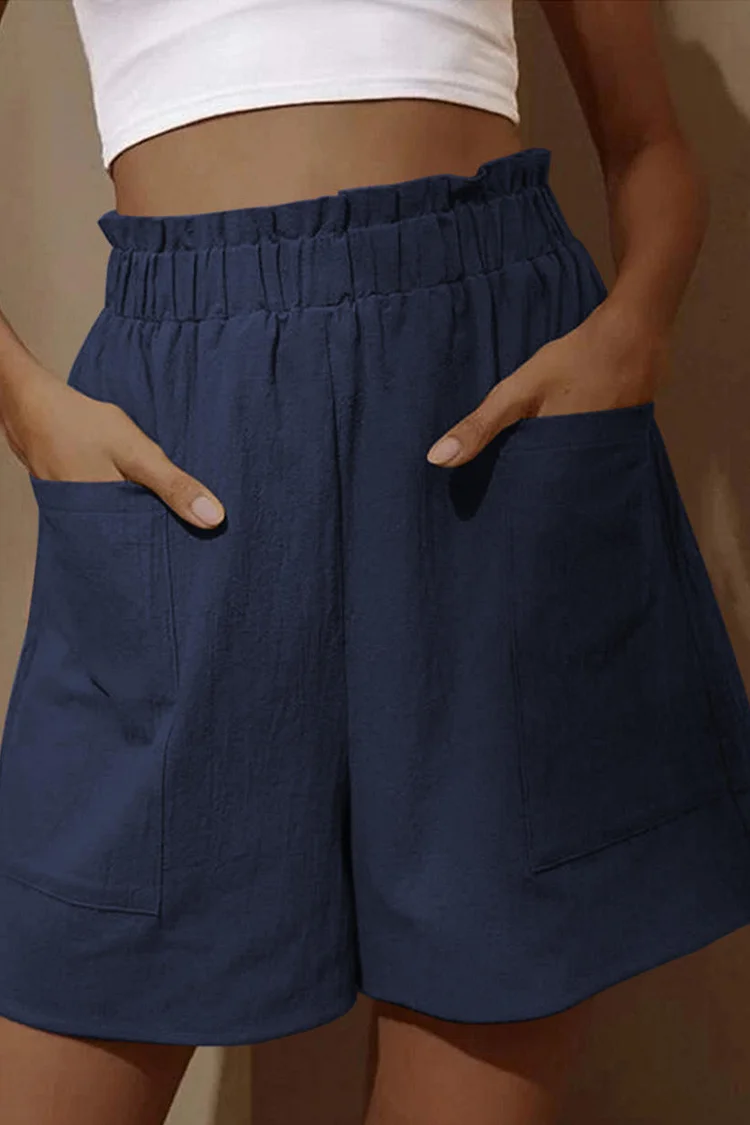 High Elastic Waist Pocket casual Linen Shorts