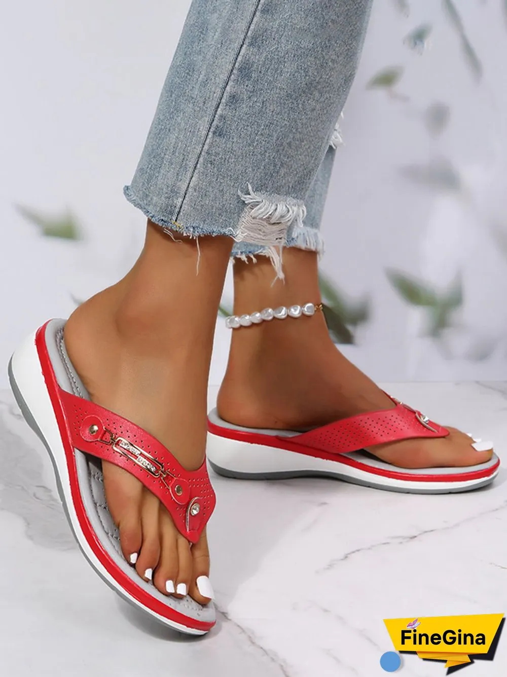 Metal Rhinestone Slope Heel Flip-Flops
