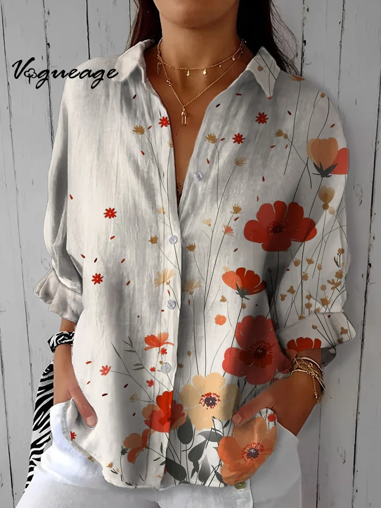 Simple Gentle And Elegant Flowers Printed Cotton And Linen Shirt