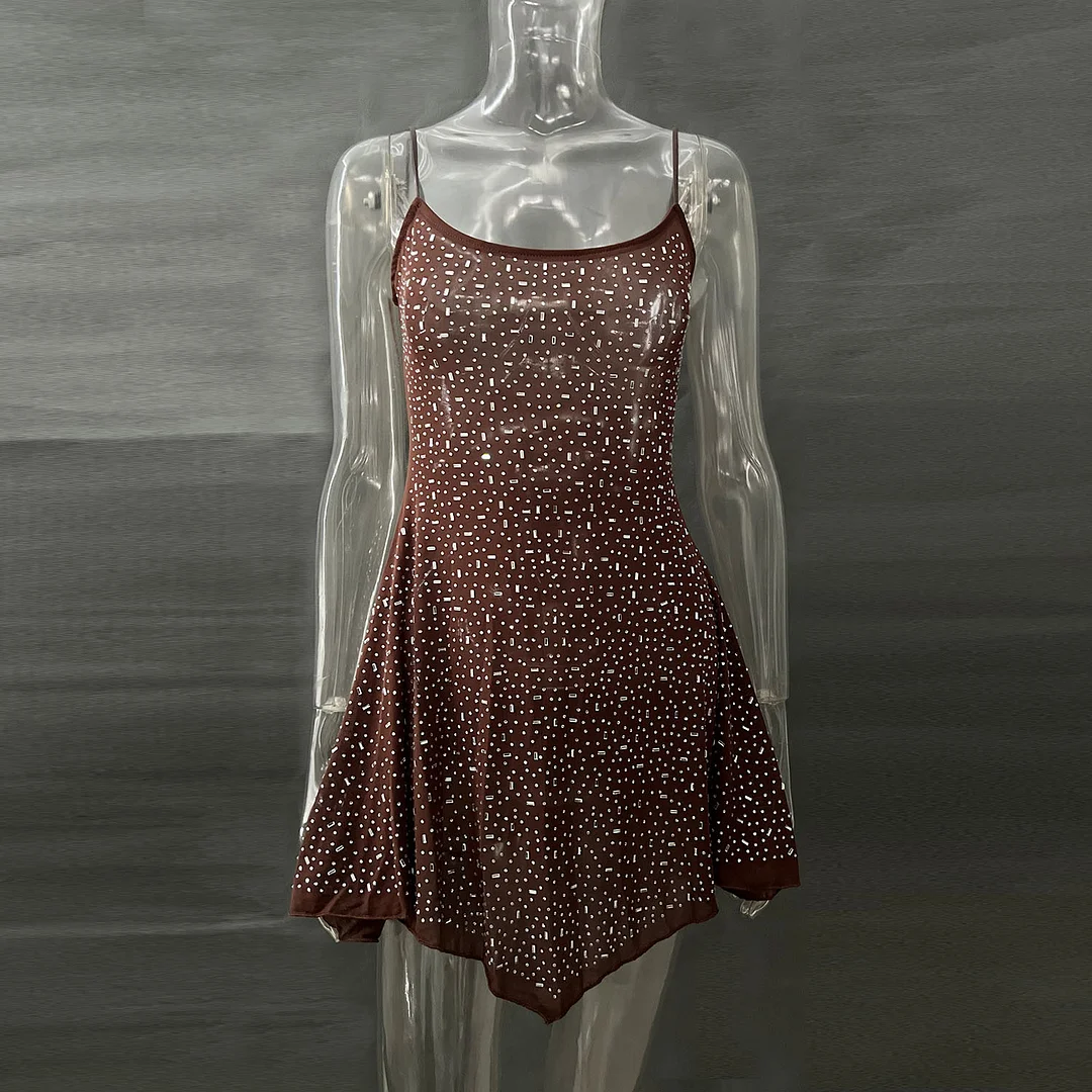 Uveng Explosion Women's Party Hot Diamond Half-Perspective Suspension Short Dress